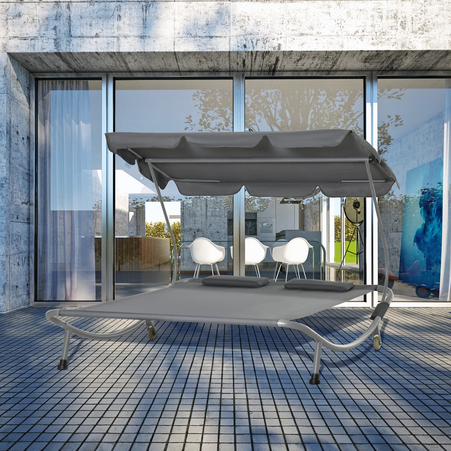 Outsunny Tumbona Doble De Jardín Con Toldo 2 Cojines 200x175x134 Cm Gris_1