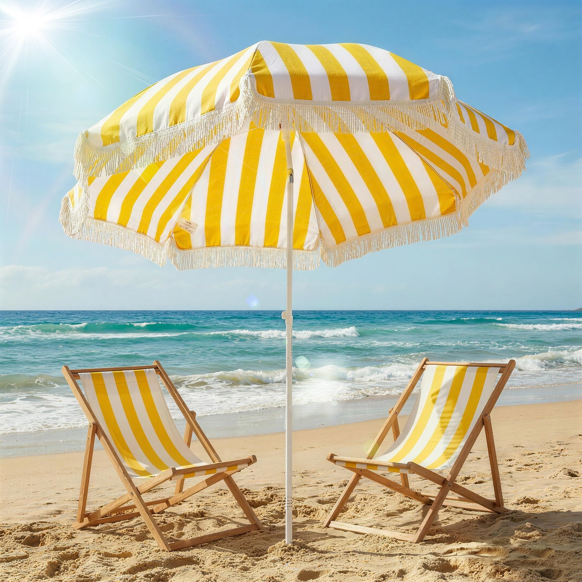 Outsunny Sombrilla De Playa Con Flecos Ø180 Cm Altura Ajustable, Inclinación 30°_1