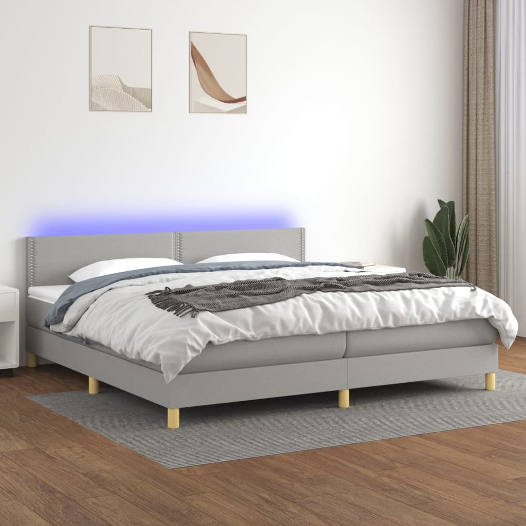 Cama Box Spring Con Colchón Tela Y Led Gris Claro 200x200 Cm / Vetonek_4