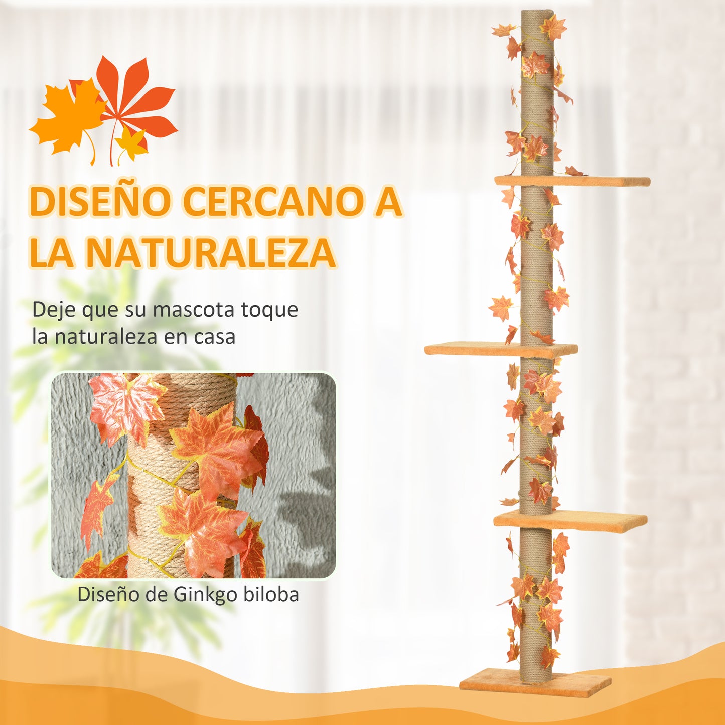 Pawhut Árbol Para Gatos De Suelo A Techo De 202-242 Cm Con 3 Plataformas Naranja_3