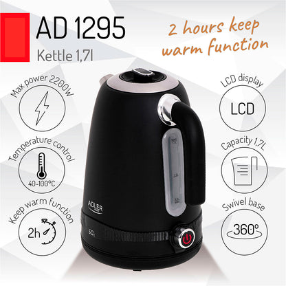 Hervidor Agua Eléctrico, Capacidad 1,7l, Sin Bpa, Control Temperatura, Acero Inox, Inalámbrico Adler Ad1295b, 2200w