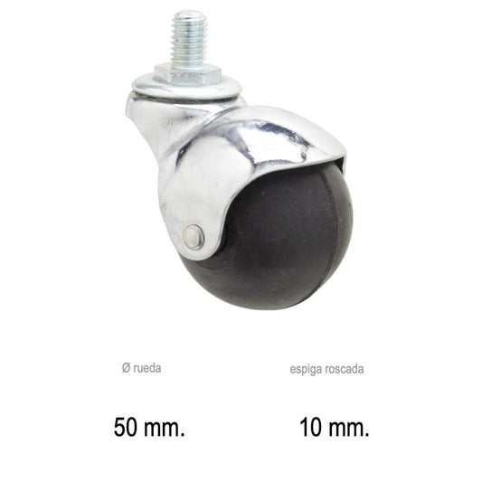 Rueda Domestica Goma Negra Esfera Espiga M10x50 Mm.