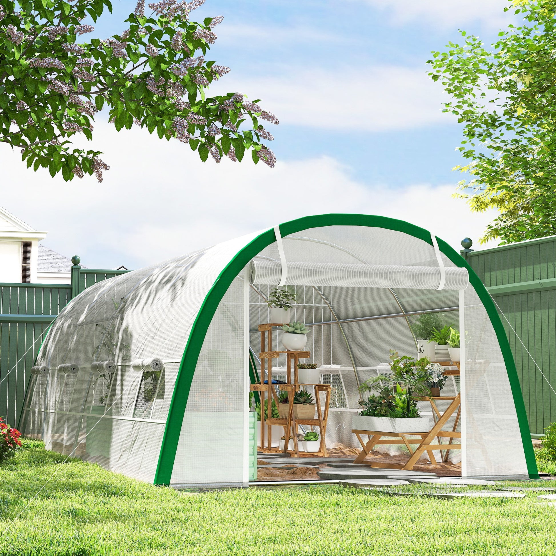 Outsunny Invernadero De Túnel 6x3x2 M Con Puerta Enrollable Y 8 Ventanas Blanco_1