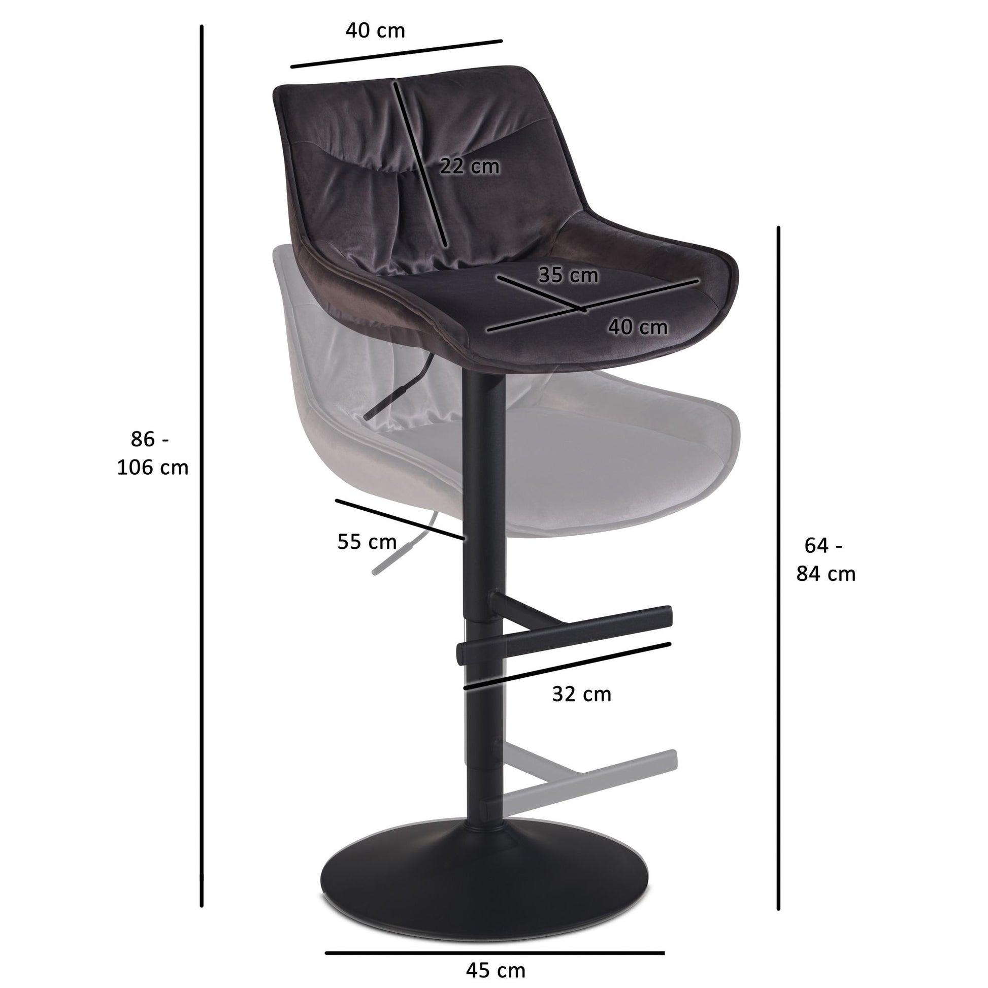Taburete De Bar, Terciopelo Gris Con Respaldo 86 - 106 Cm_3