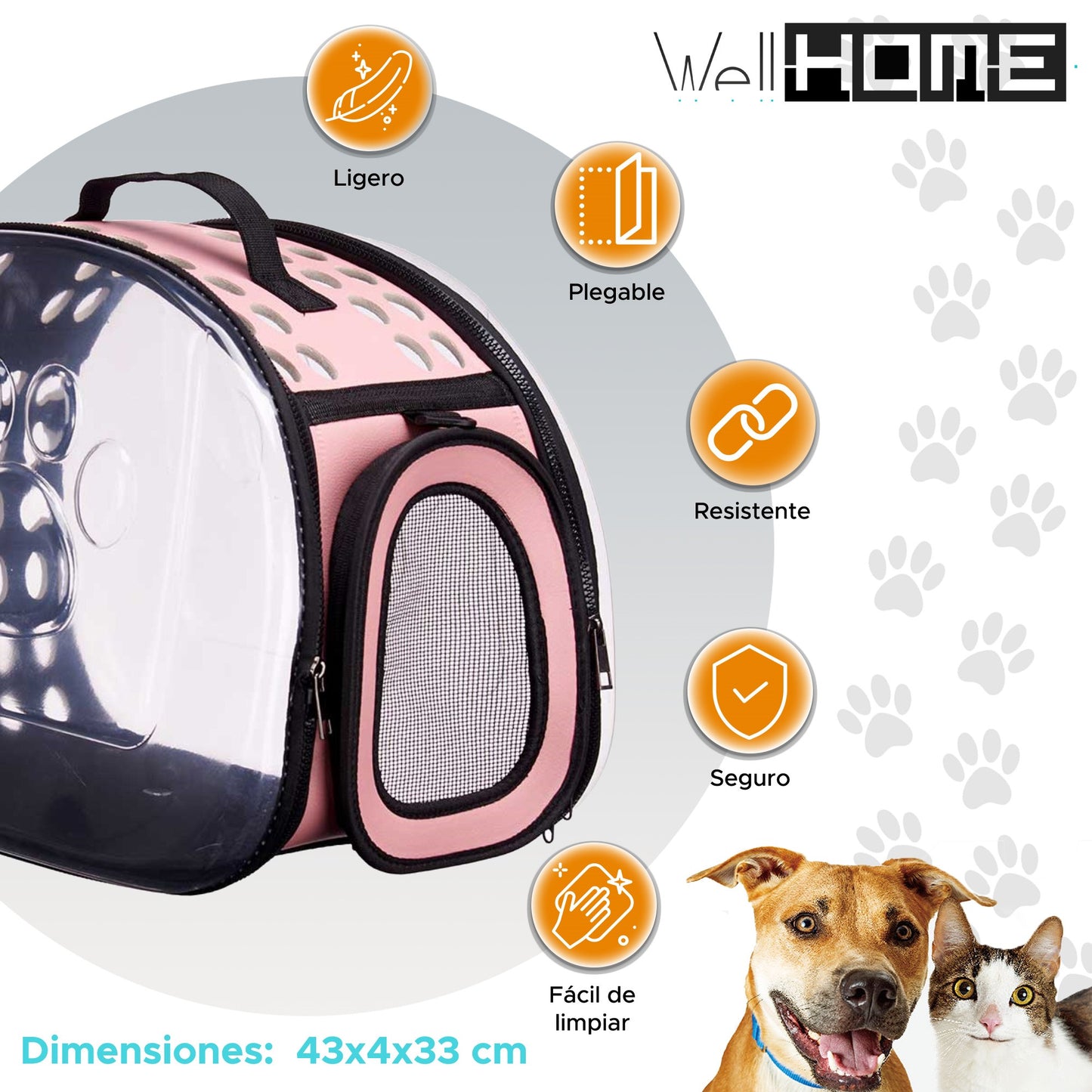 Well Home - Transportín Grande Plegable Para Mascotas 43x4x33cm Color Rosa