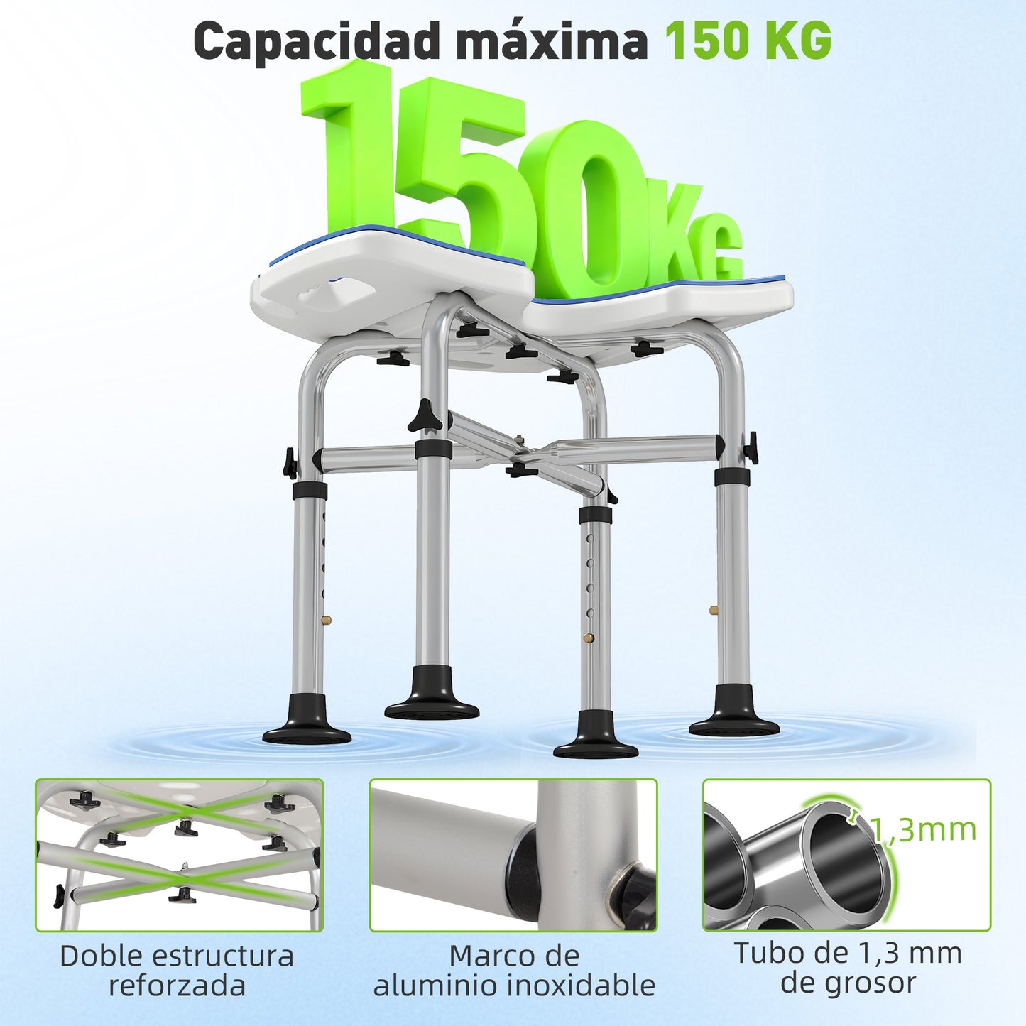 Homcom Taburete De Ducha Antideslizante Con Barra De Agarre Por Succión Azul_3