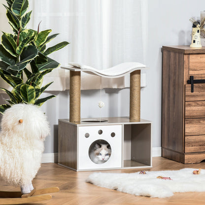 Pawhut Árbol Para Gatos Altura 74cm Con Caseta Madera Poste Bola Colgante Caja_1