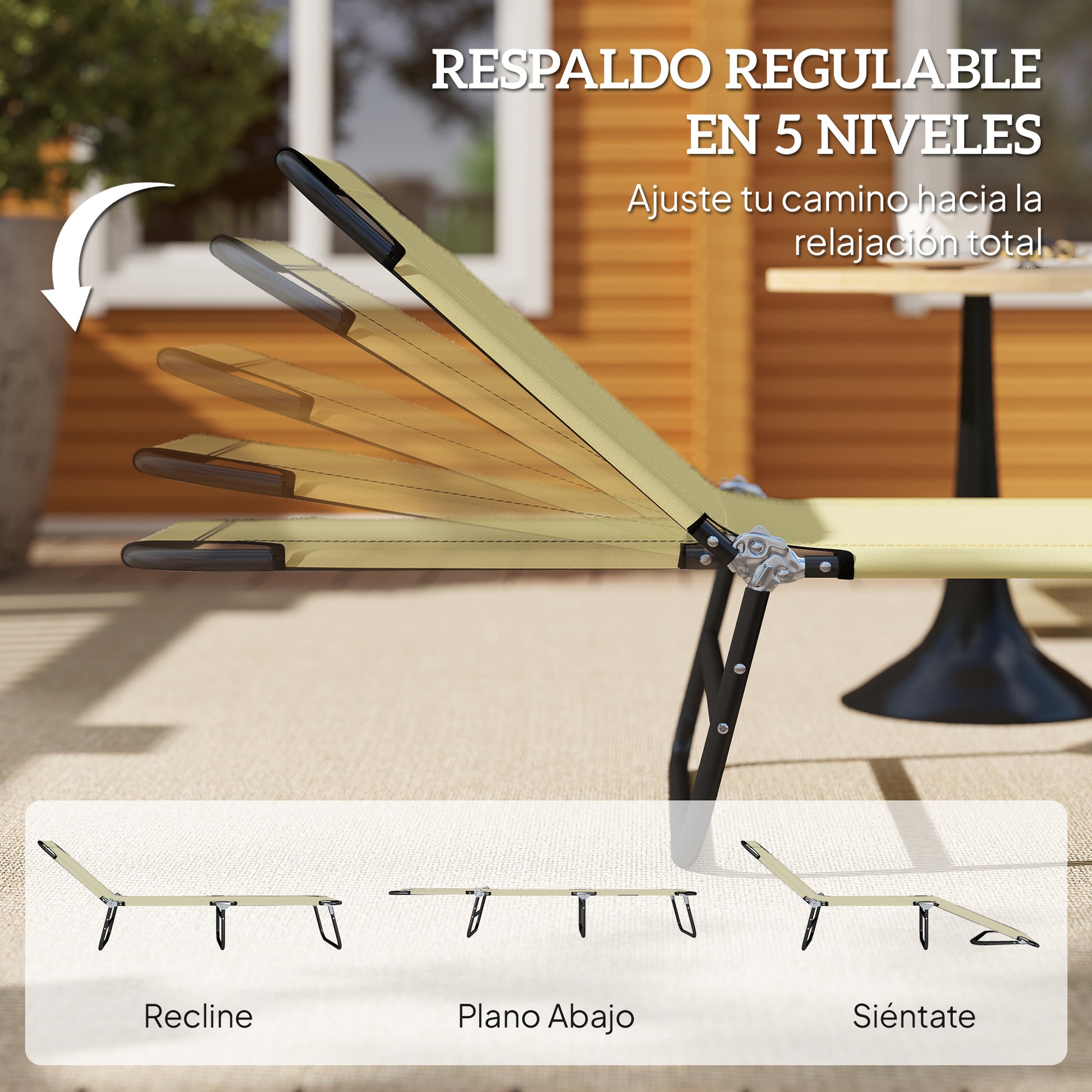 Outsunny Tumbona Plegable Reclinable Ajustable De 5 Posiciones 188x56x28cm Beige_3