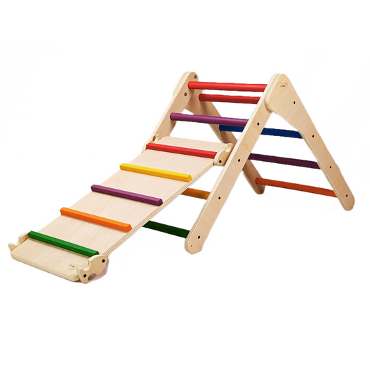 Triángulo De Aprendizaje Pikler Plegable Madera + Rampa Listones De Colores . Med: 70 X 50 X 60 Cm. Trckrl0024. Woodgo._0