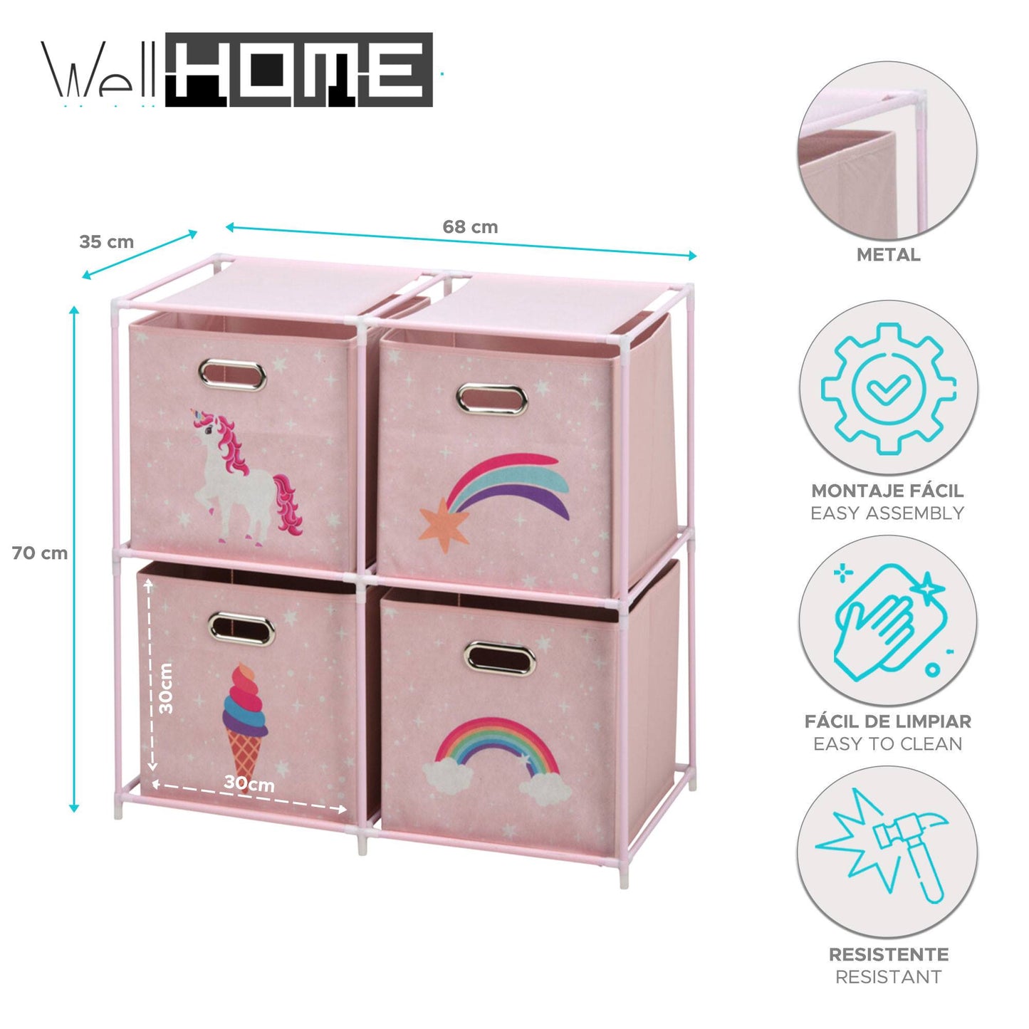 Well Home Cajonera Infantil De 4 Compartimentos Con Marcos De Metal Y Color Rosa_1