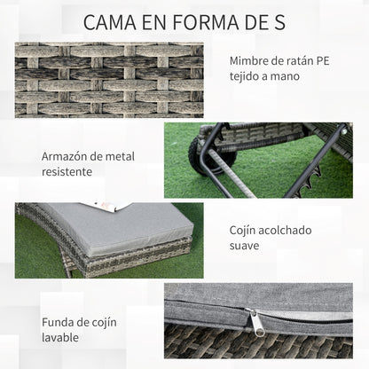 Outsunny Tumbona De Ratán Reclinable En Forma De S Con 2 Ruedas 207x70x70cm Gris_5