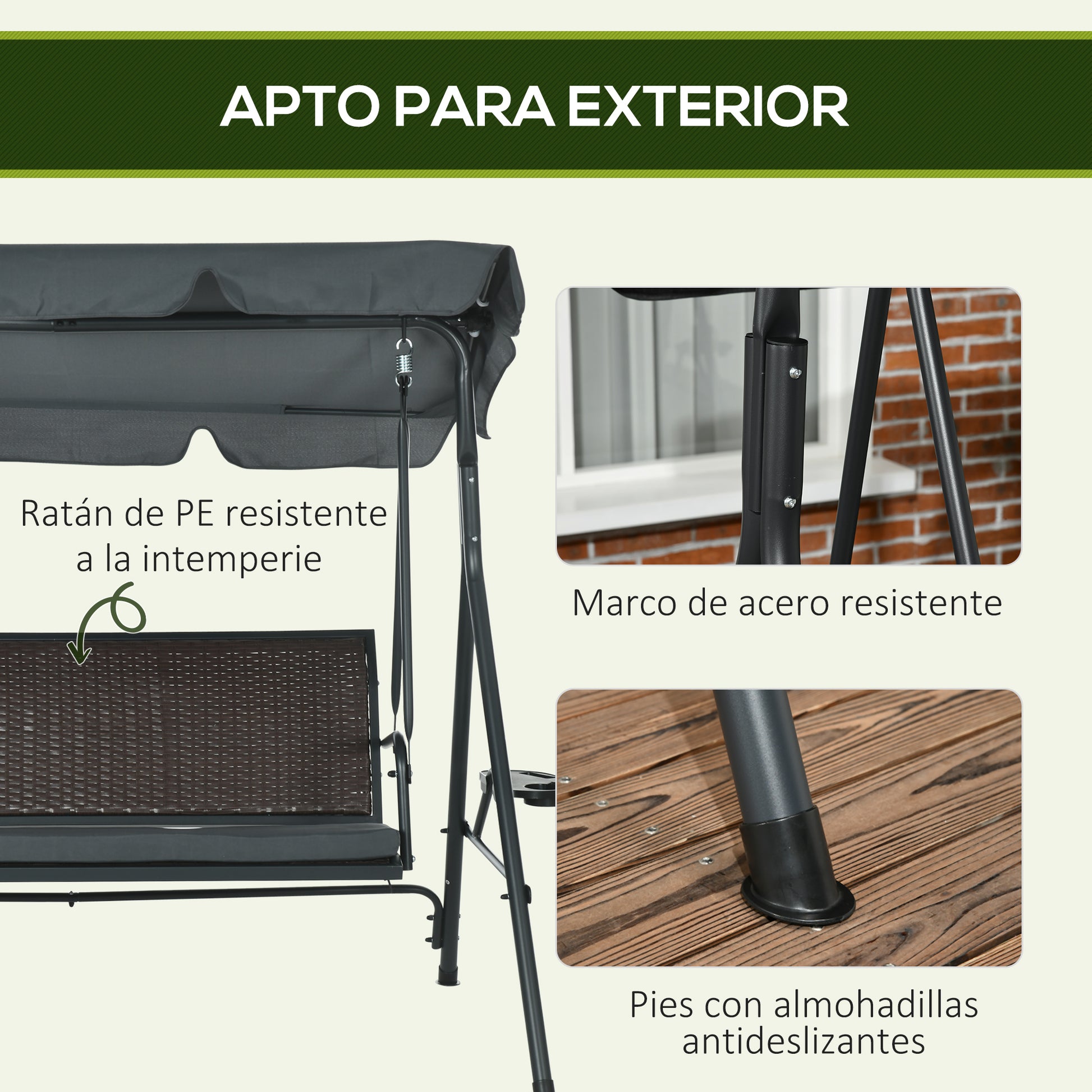 Outsunny Columpio De Jardín De 3 Plazas Con Toldo Ajustable 204x112x150 Cm Gris_5