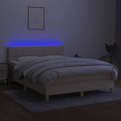 Cama Box Spring Colchón Y Luces Led Tela Crema 140x190 Cm / Vetonek_2