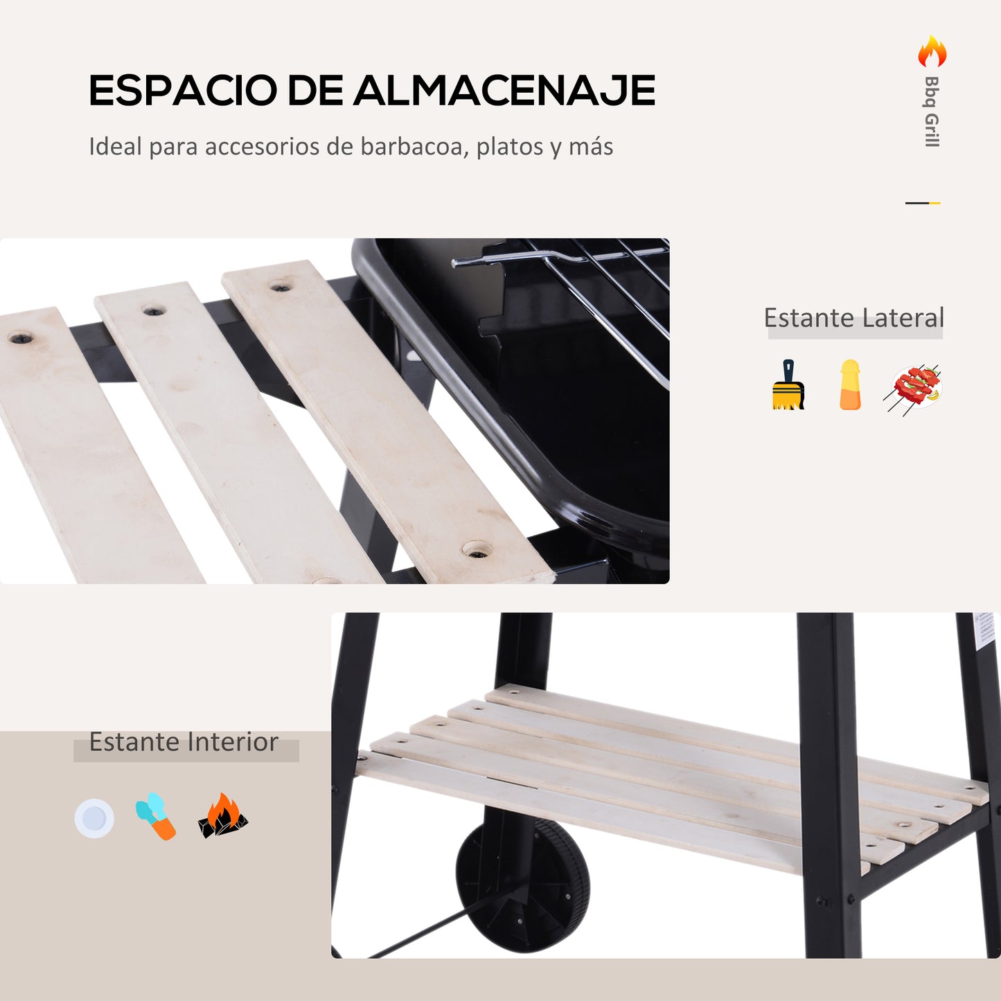 Outsunny Barbacoa Carbón Altura Parrillas Ajustable Estantes Ruedas 83x46x87 Cm_4