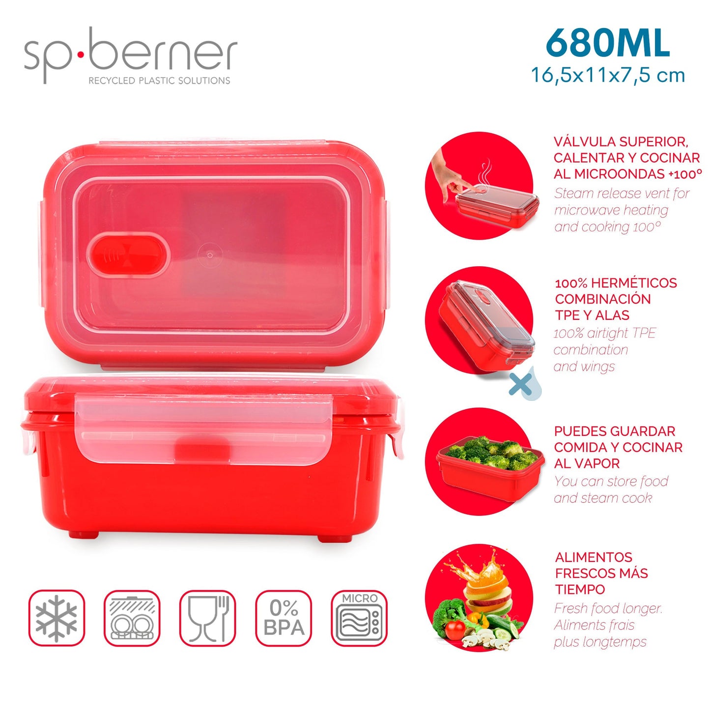 Hermético Super Lock Micro 680 Ml. Apto Para Cocinar Al Vapor En El Microondas, Ideal Transporte Y Almacenamiento De Alimentos, Cierre Clip, Válvula_2
