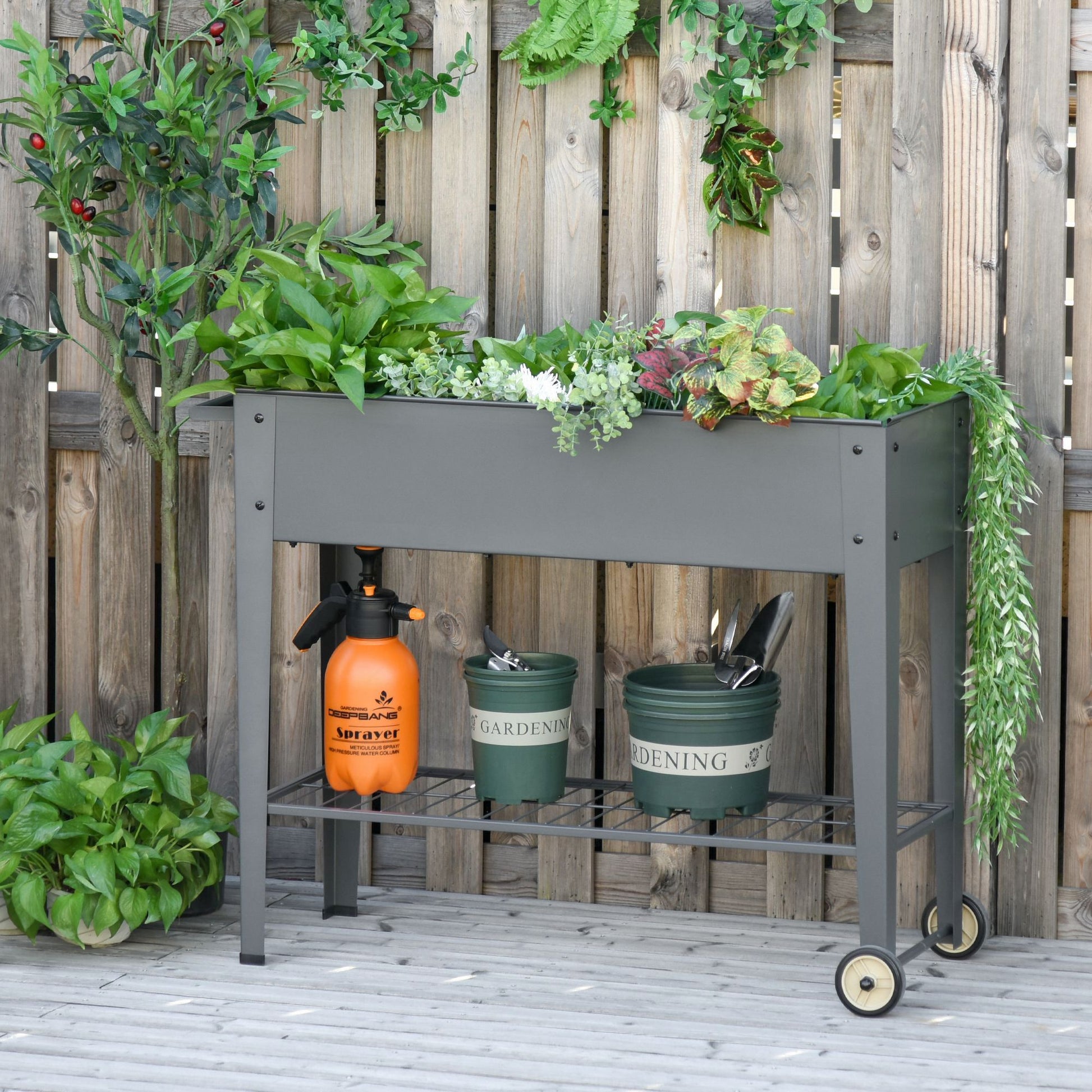Outsunny Jardinera Elevada De Metal Con Ruedas Para Cultivo Plantas Flores Gris_1