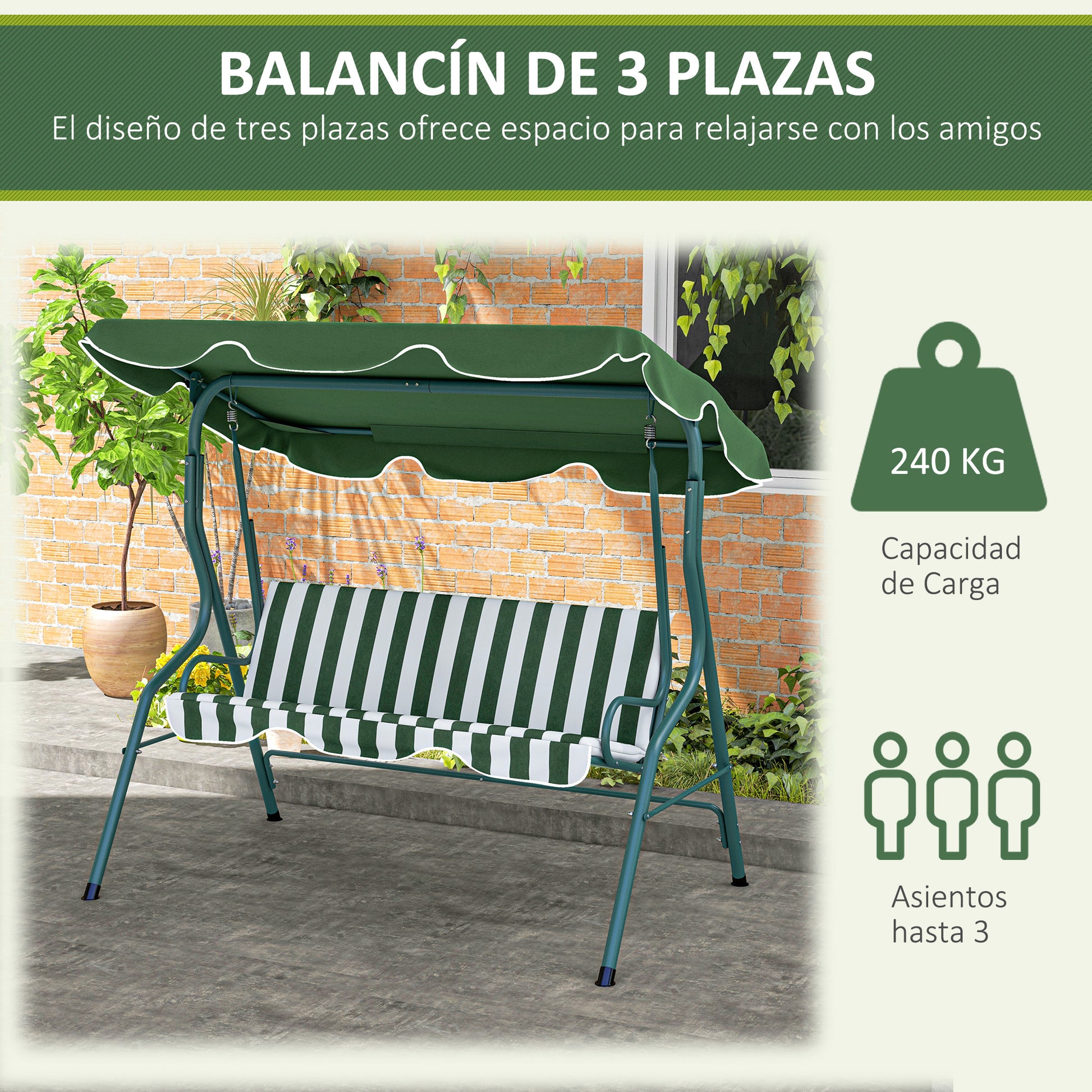 Outsunny Columpio De Jardín Con Toldo Ajustable En Ángulo 170x110x153 Cm Verde_5