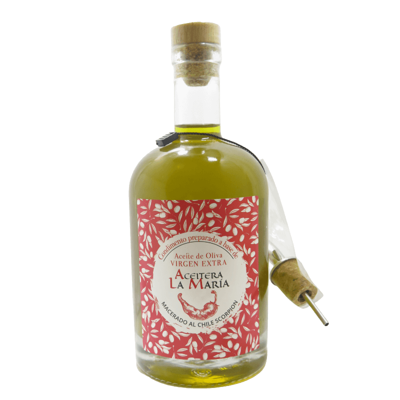 Aceite De Oliva Virgen Extra Macerado Al Chile Scorpion 50 Cl Con Vertedor Metálico_0