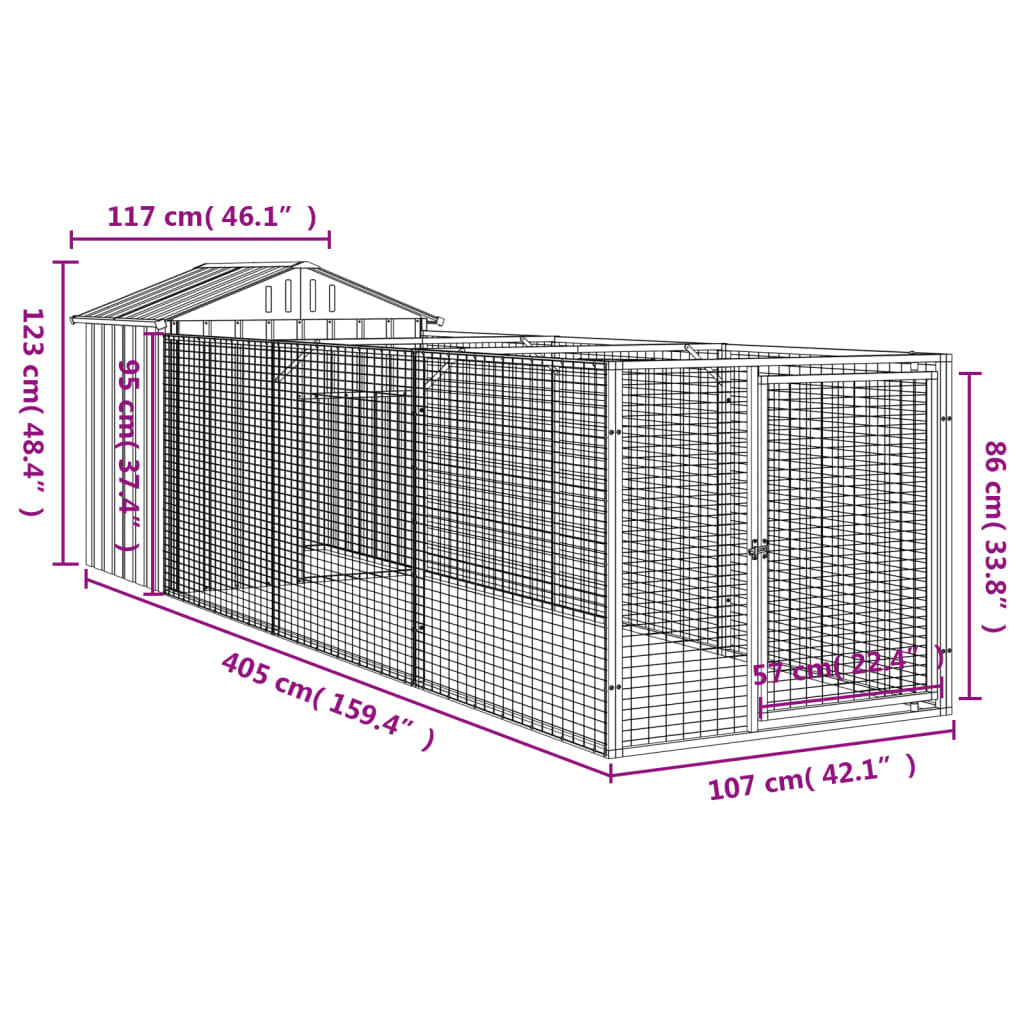 Vidaxl Caseta Perros Tejado Acero Galvanizado Gris Claro 117x405x123cm_2