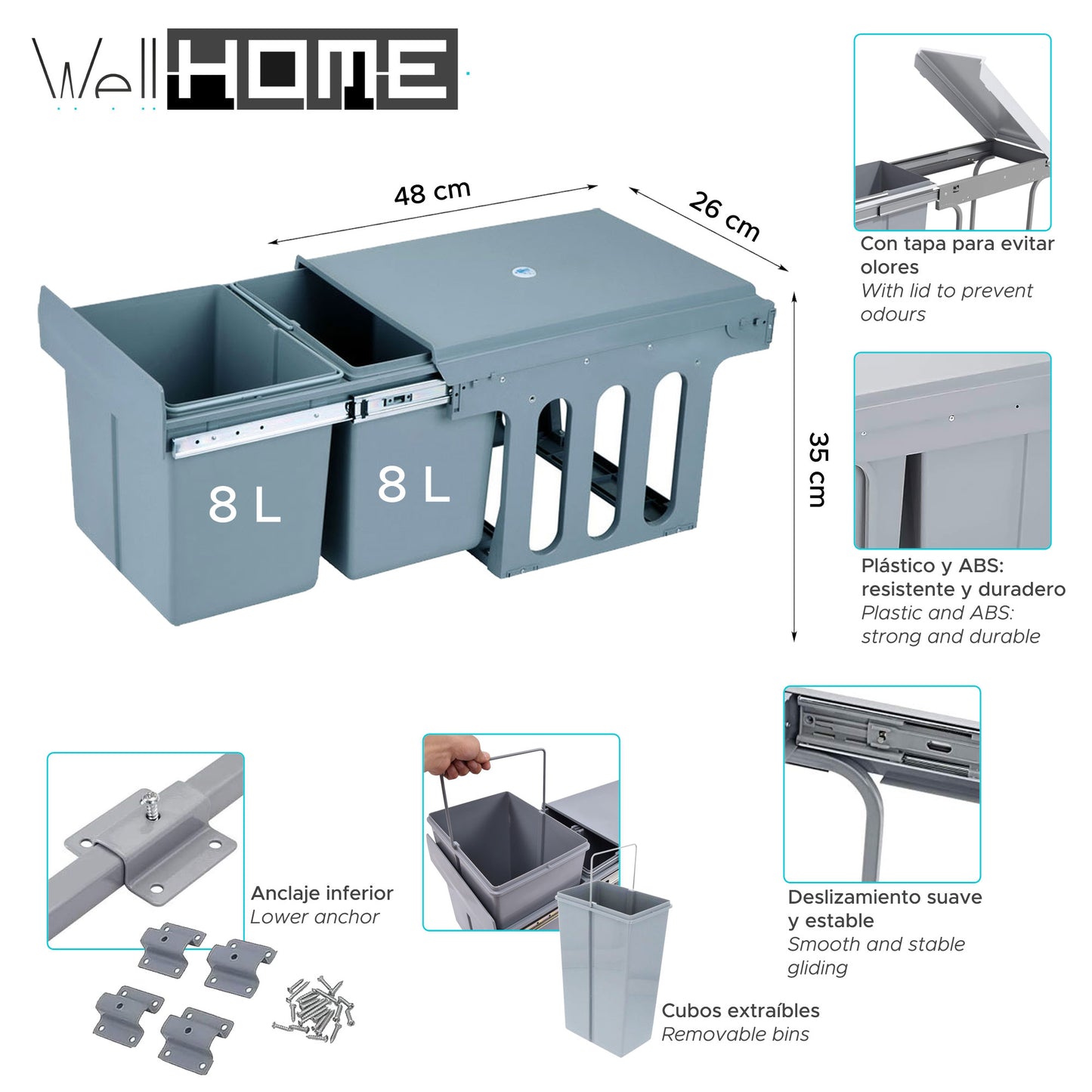 Cubo De Reciclaje 2x8l Bajo Fregadero, Extracción Manual Y Tapa