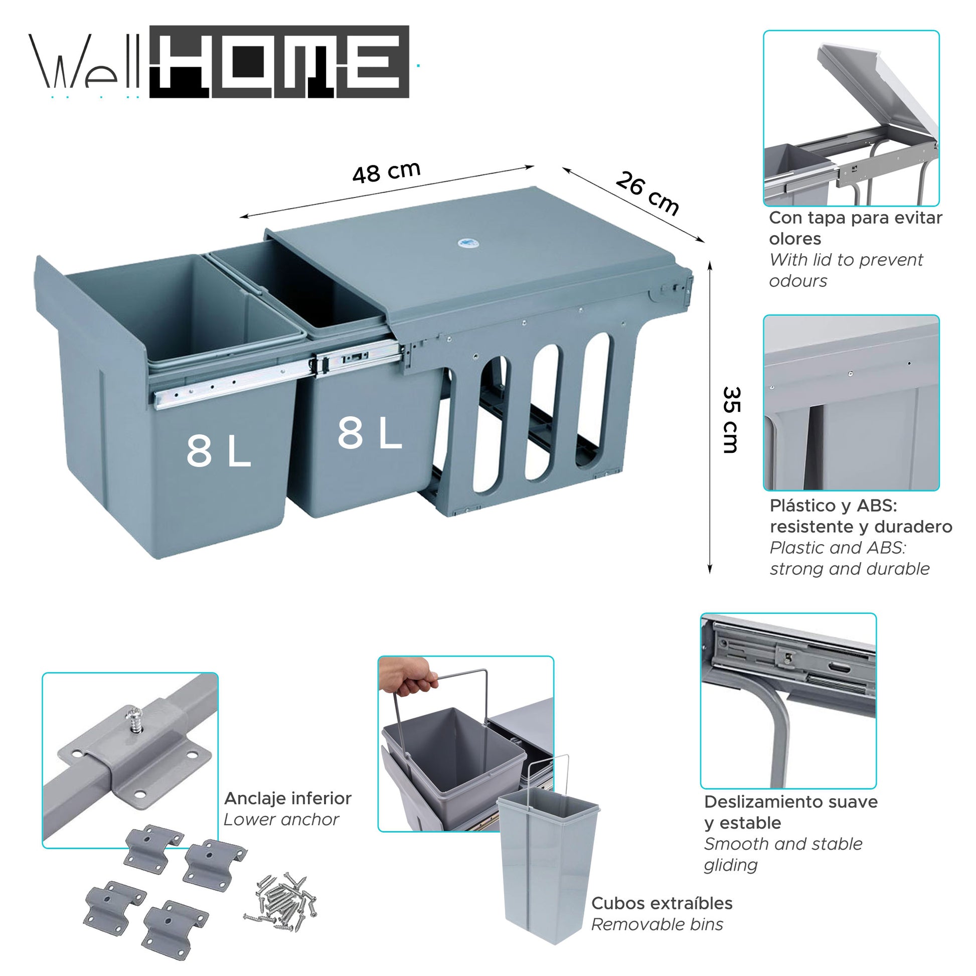 Cubo De Reciclaje 2x8l Bajo Fregadero, Extracción Manual Y Tapa