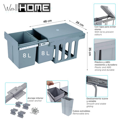 Cubo De Reciclaje 2x8l Bajo Fregadero, Extracción Manual Y Tapa