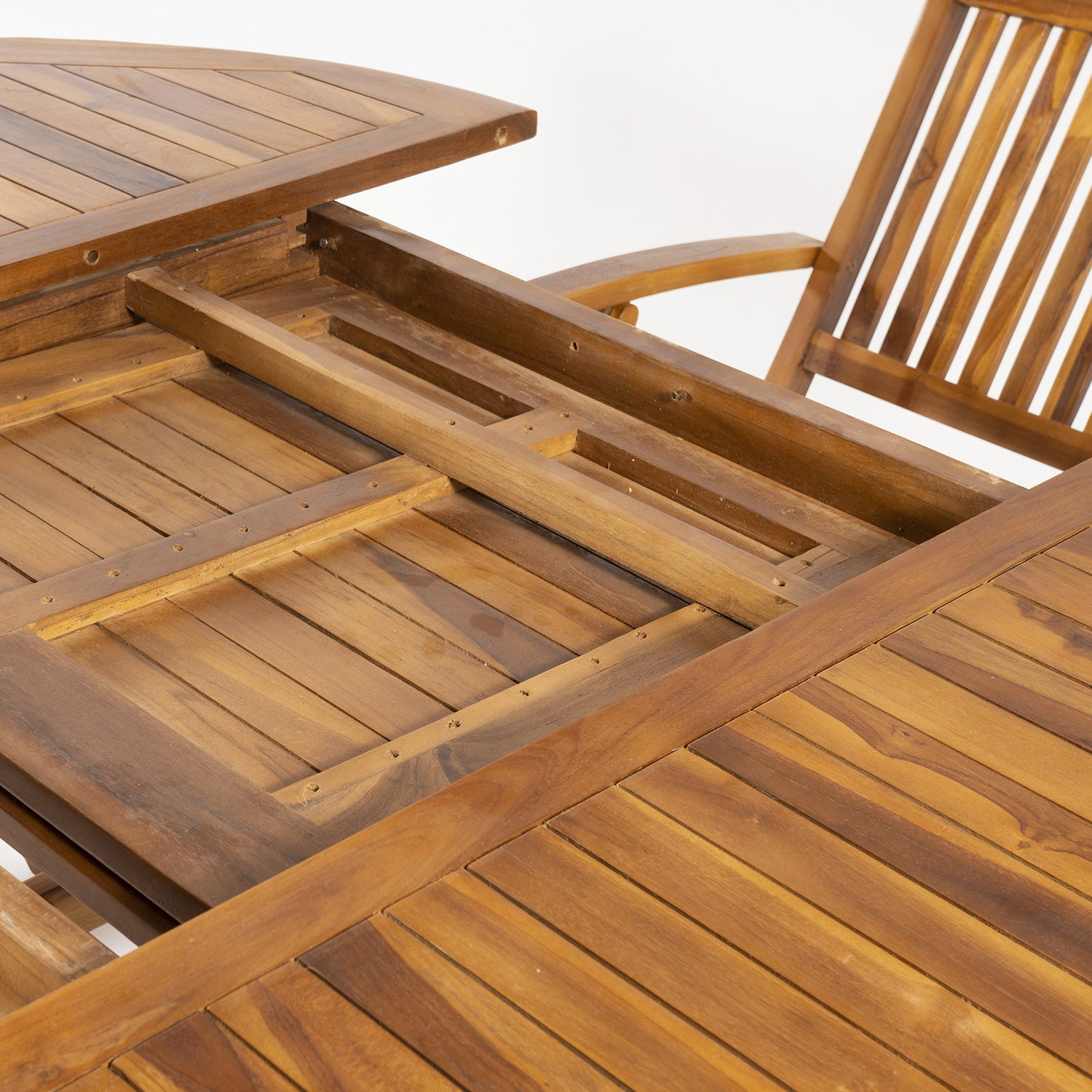 Conjunto De Exterior De Madera Teca, Mesa Redonda Extensible 120/180 Cm Y 4 Sillones Plegables, Madera Teca Grado A, Tratamiento Al Agua Aplicado_3
