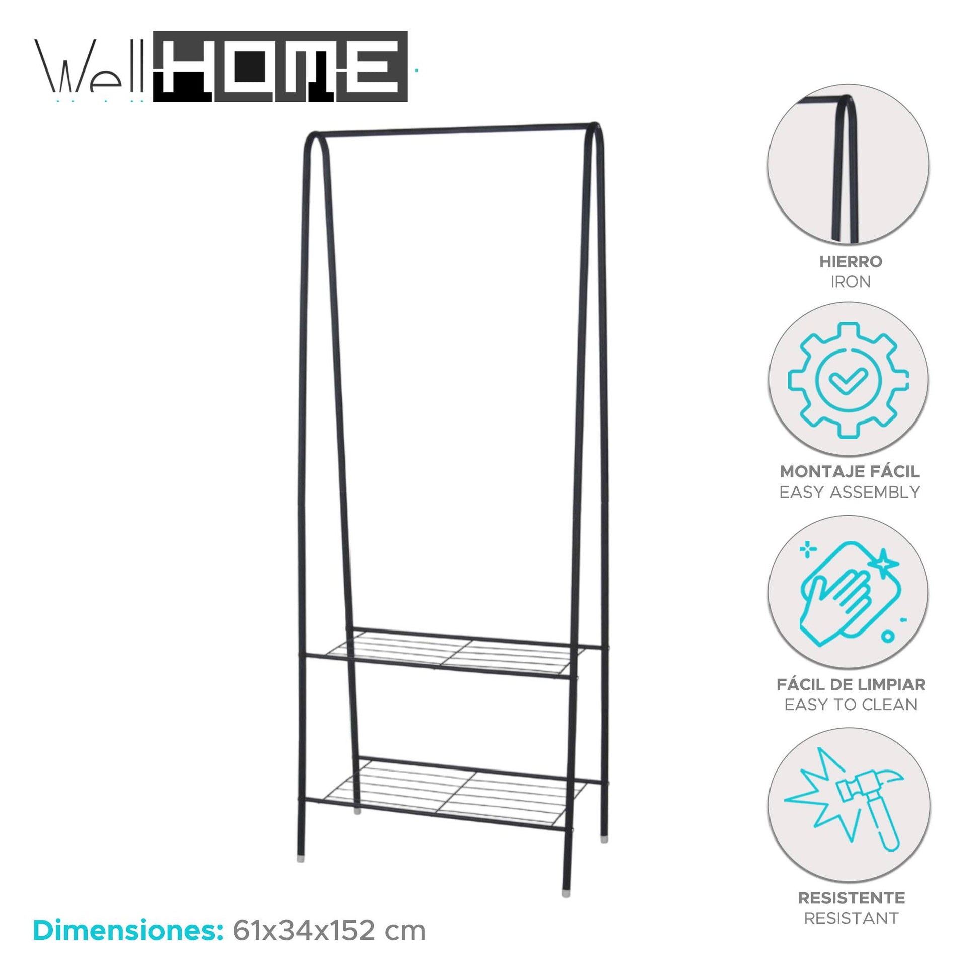 Well Home Perchero Metálico Con 2 Baldas H.152cm