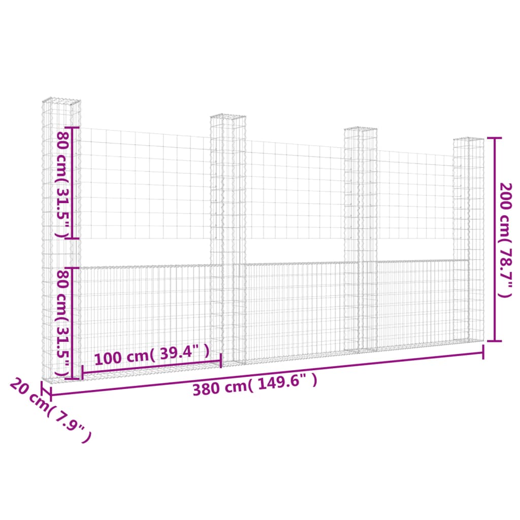 Cesta De Gaviones Forma De U 4 Postes De Hierro 380x20x200 Cm / Vetonek_5