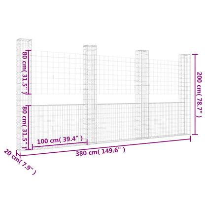 Cesta De Gaviones Forma De U 4 Postes De Hierro 380x20x200 Cm / Vetonek_5