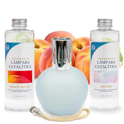 Pack Lámpara Catalítica Azul Grisáceo Mate + Fragancia Peach Velvet 200ml + Limpiador Neutro 200ml + Mecha Repuesto_0