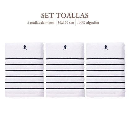 Set De 3 Toallas De Mano 50x100cm En Algodón 470gsm Con Rayas Azul Marino Scalpers Home_1