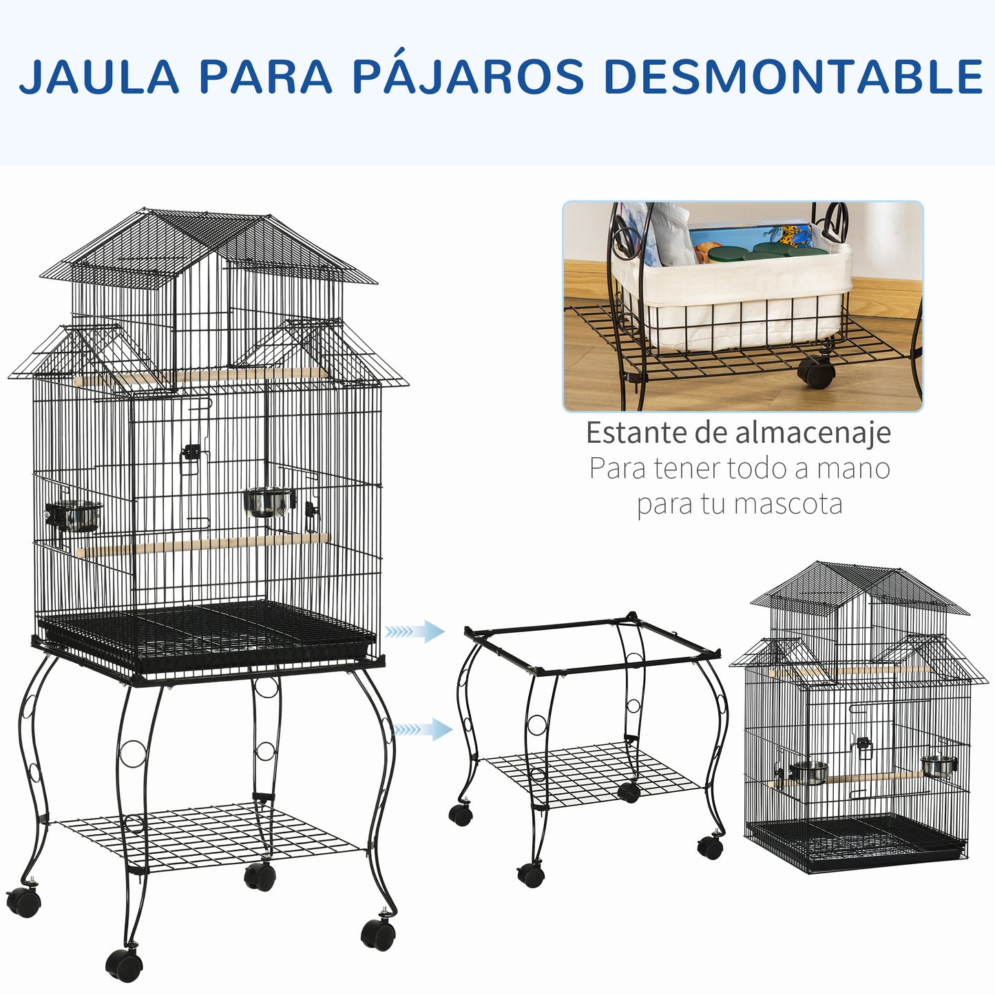 Pawhut Jaula Para Pájaros Con Ruedas Con Bandeja Extraíble Comederos 50x49x137cm_4