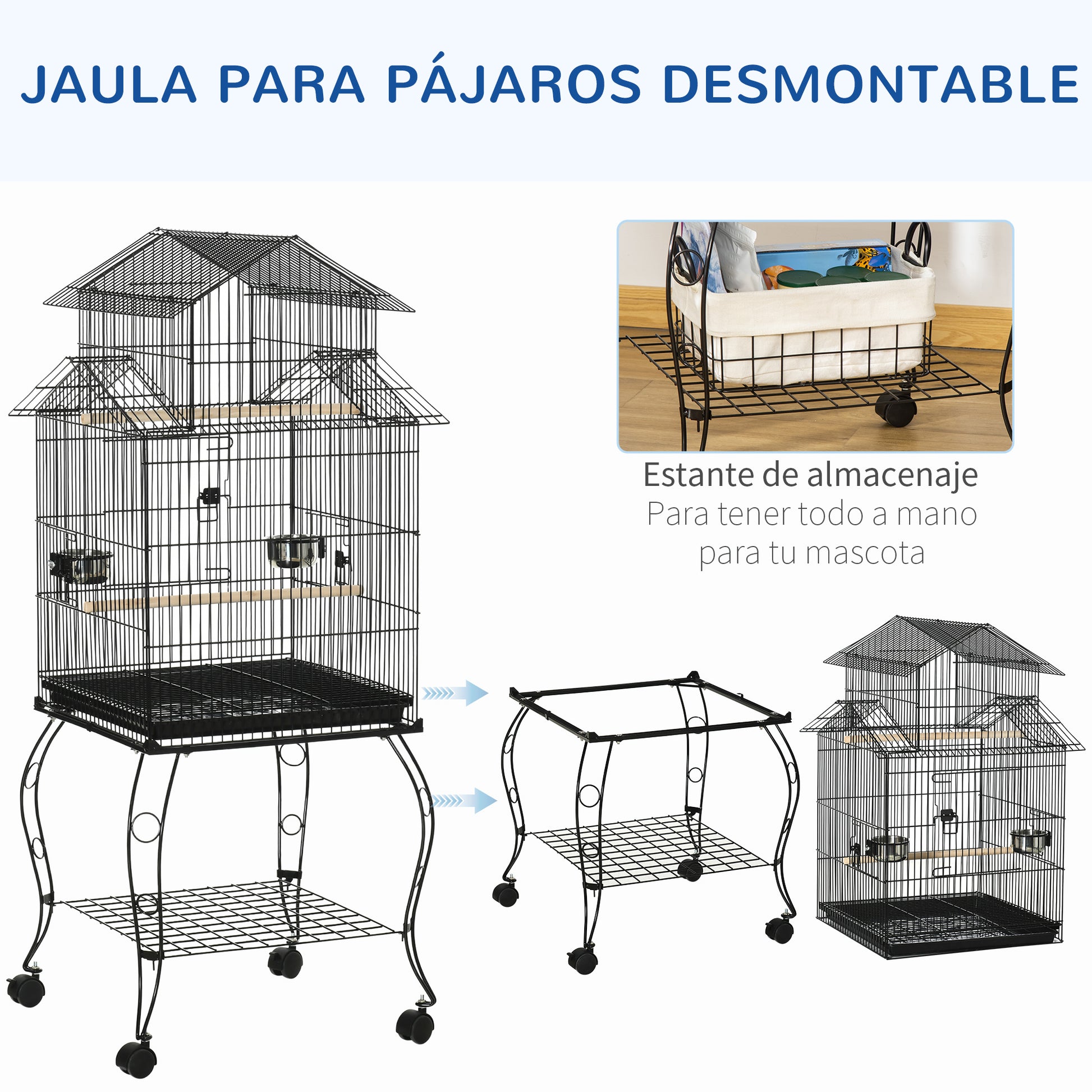 Pawhut Jaula Para Pájaros Con Ruedas Con Bandeja Extraíble Comederos 50x49x137cm_4