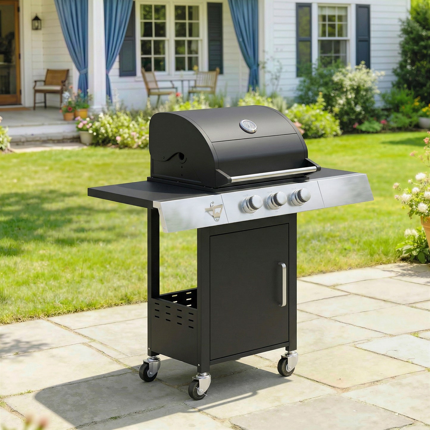 Outsunny Barbacoa De Gas Con 3 Quemadores 8,1 Kw Termómetro Mesas Laterales_1