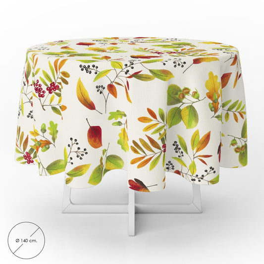 Mantel Hule Redondo Hojas Otoño Impermeable Antimanchas Pvc Ø 140 Cm. Uso Interior Y Exterior_0