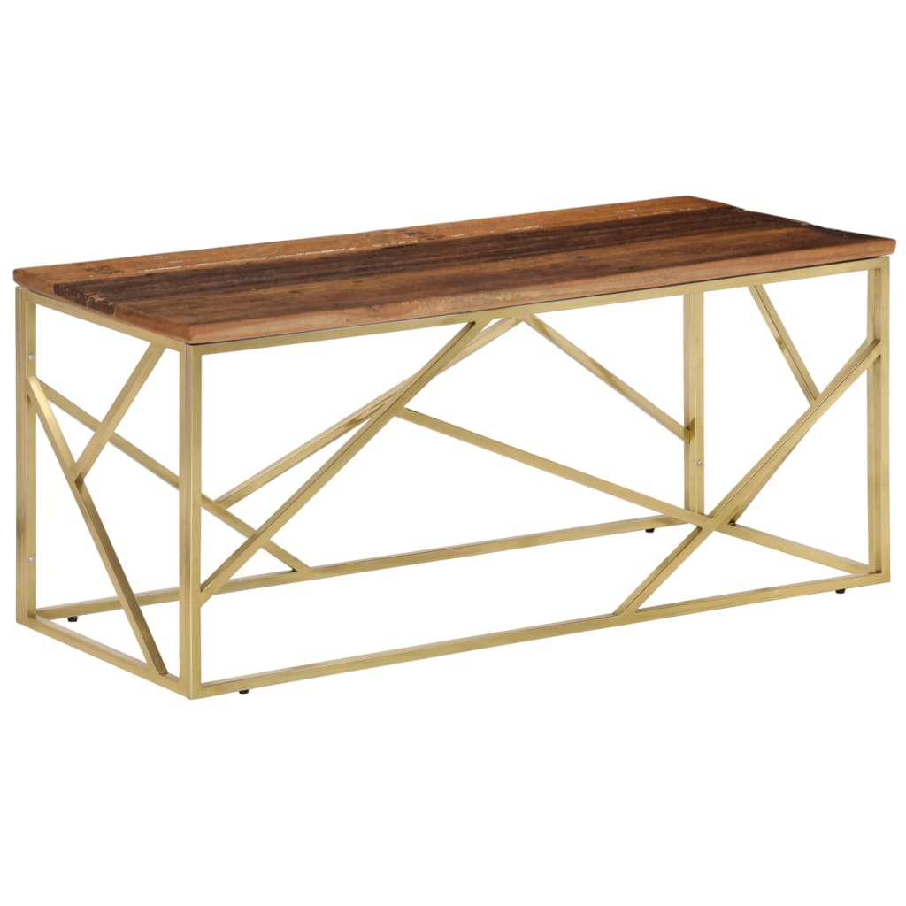 Mesa De Centro De Acero Inoxidable Dorado Y Madera Maciza_0