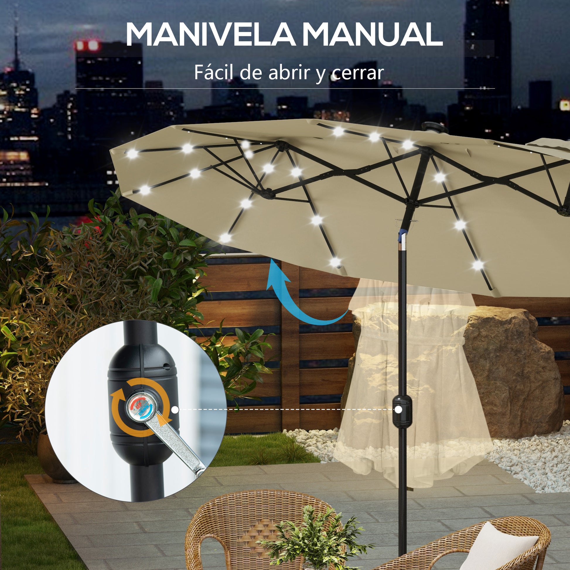Outsunny Sombrilla Doble Con Luces Led 280x146x227 Cm Inclinación De 45° Beige_5