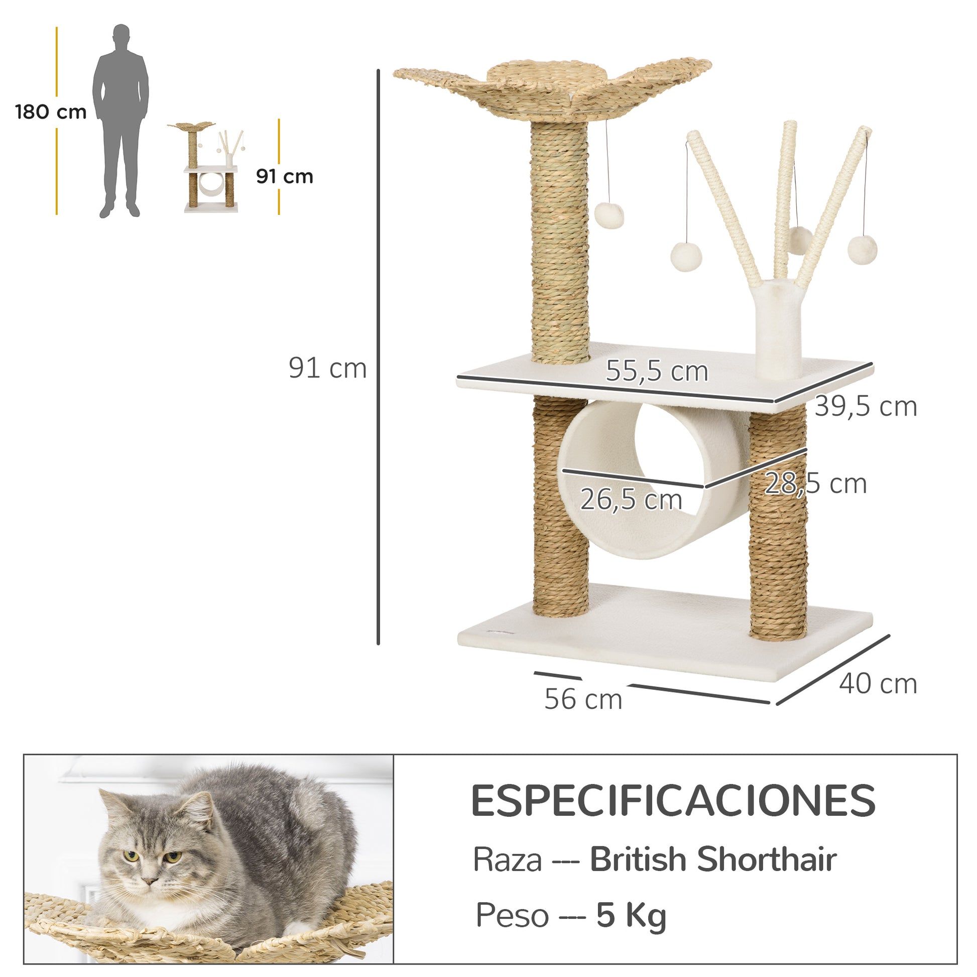 Pawhut Árbol Rascador Para Gatos Altura 91 Cm Con Cama Poste 3 Palos Túnel Bolas_2