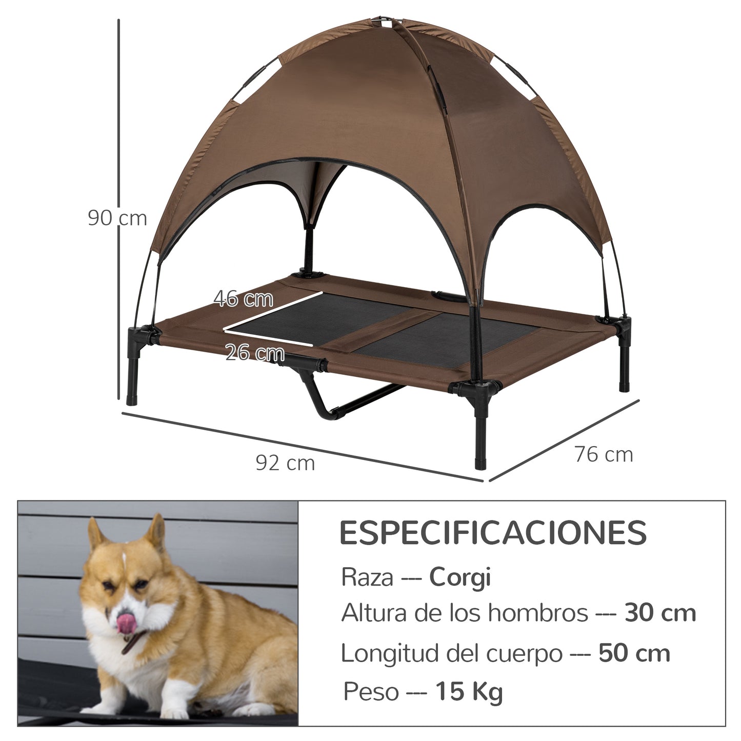 Pawhut Cama Elevada Para Mascotas Portátil Con Toldo Extraíble Exterior 92x76x90_2