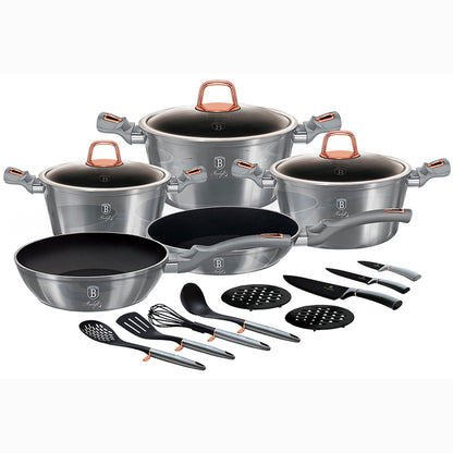 Batería Cocina Inducción 17 Piezas, Antiadherente Mármol Sin Pfoa, Aluminio, Cazuelas Sartenes Berlinger Haus Moonlight Gris_0