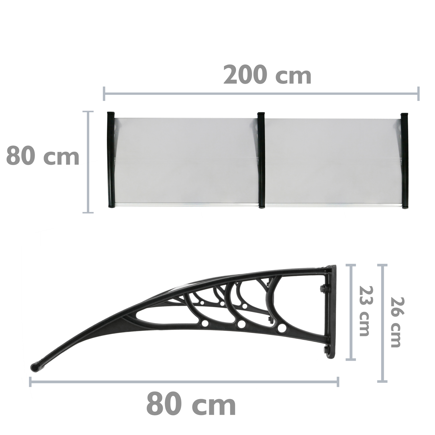 Tejadillo De Protección 200x80 Cm Gris Oscuro. Marquesina Para Puertas Y Ventanas Con Soporte Negro_1