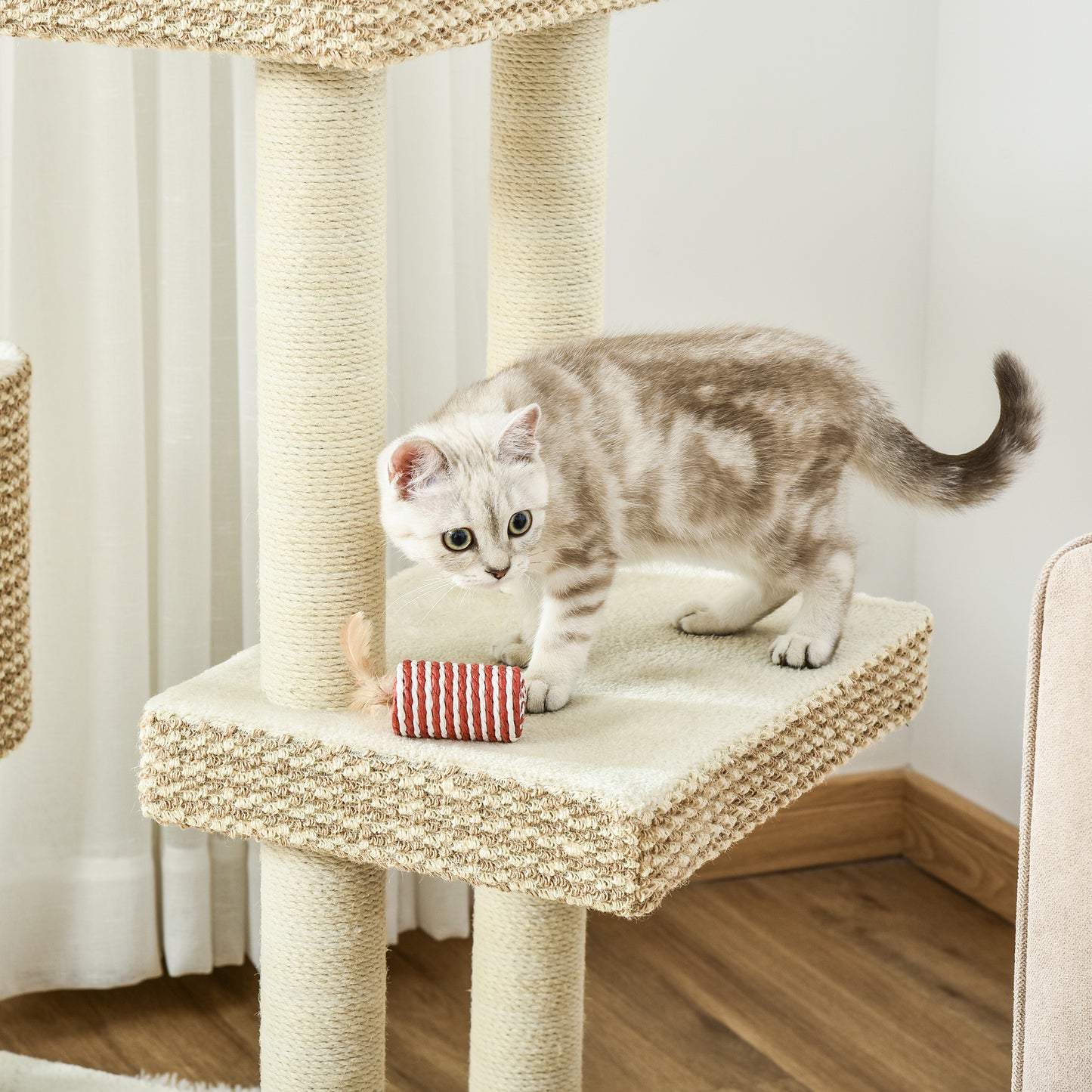 Pawhut Árbol Rascador Gatos Con Cueva Y Múltiples Plataformas 60x40x135cm Beige_4