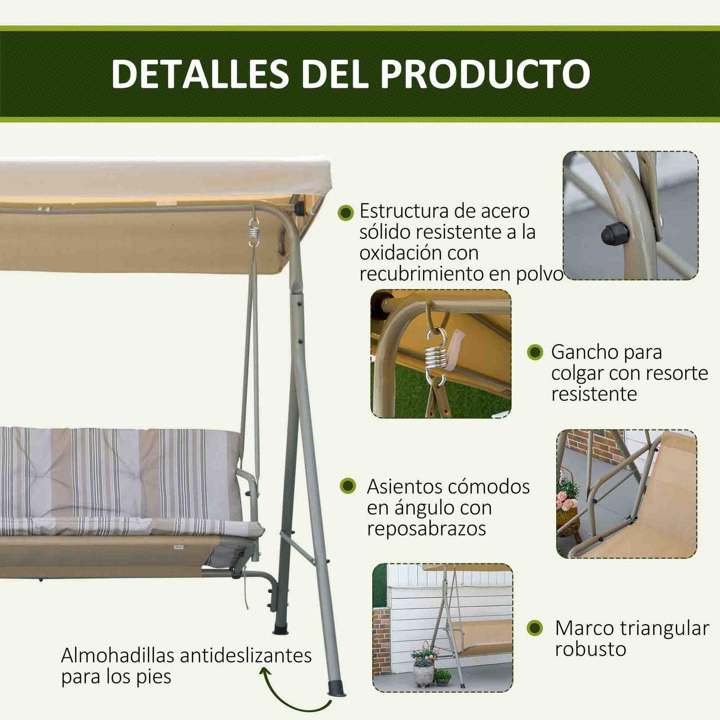Outsunny Columpio De Jardín De 3 Plazas Techo Ajustable 172x110x156 Cm Marrón_5
