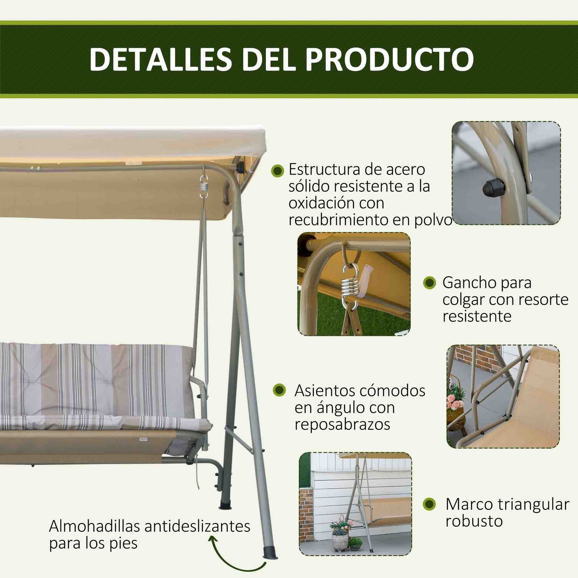 Outsunny Columpio De Jardín De 3 Plazas Techo Ajustable 172x110x156 Cm Marrón_5