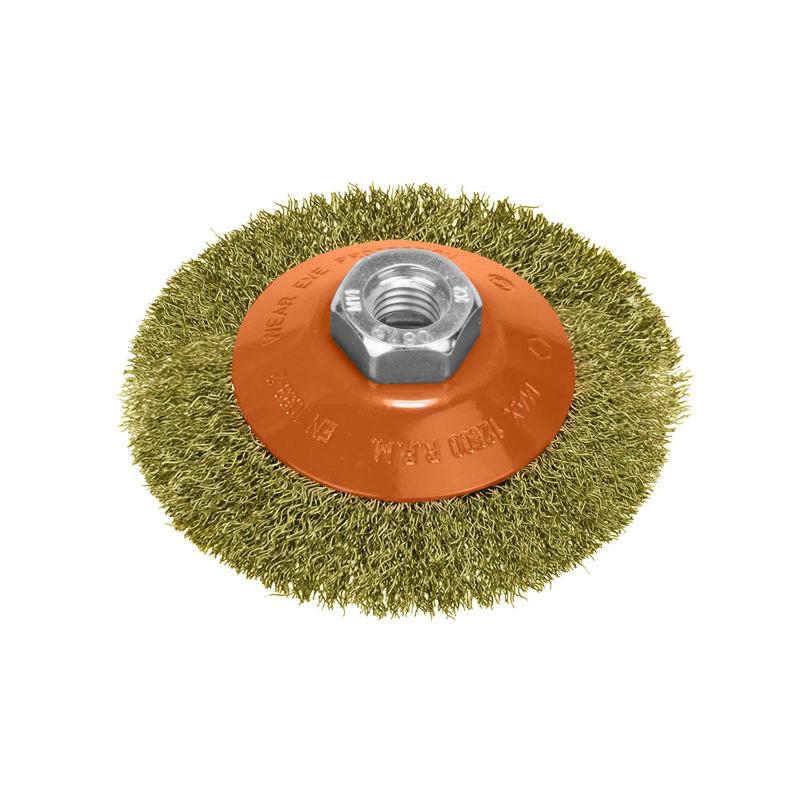 Cepillo Oblicuo Con Alambre De Acero Latonado Rosca M14, Ø 100 Mm. Alambre De Ø 0,30 Mm.