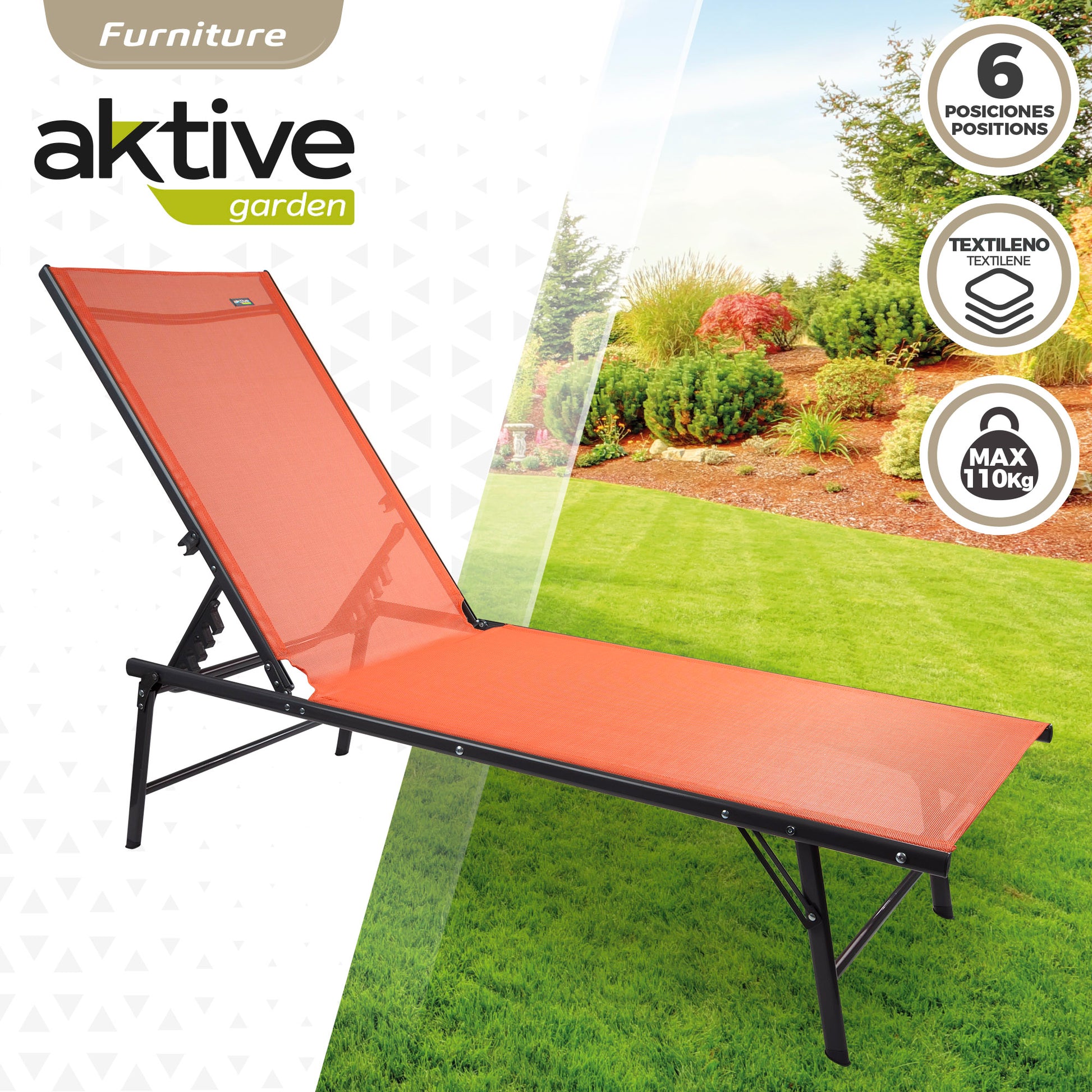 Pack 2 Tumbonas Jardín Plegables 6 Posiciones Naranja Aktive_1