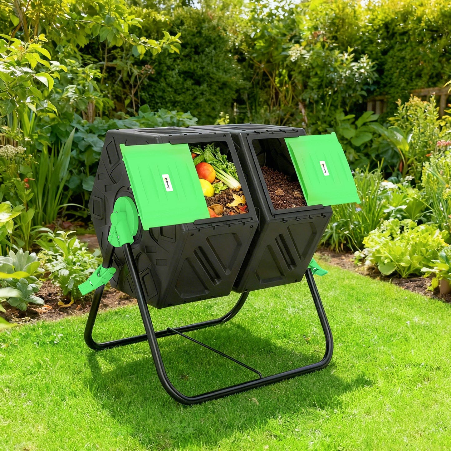 Outsunny Compostador Giratorio 130l De Doble Cámara 67x60x77 Cm Negro_3