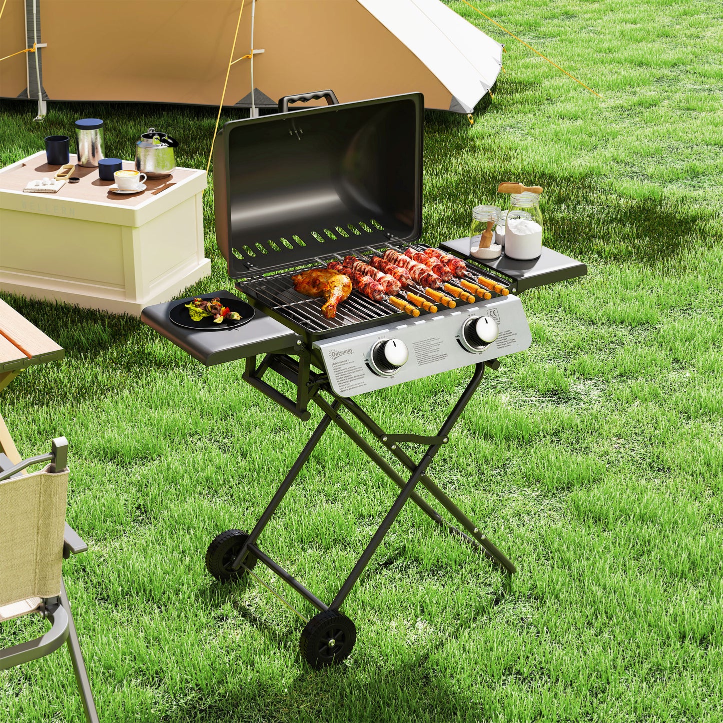 Outsunny Barbacoa De Gas Con 2 Quemadores De Acero Inoxidable 5,6 Kw Con Ruedas_3
