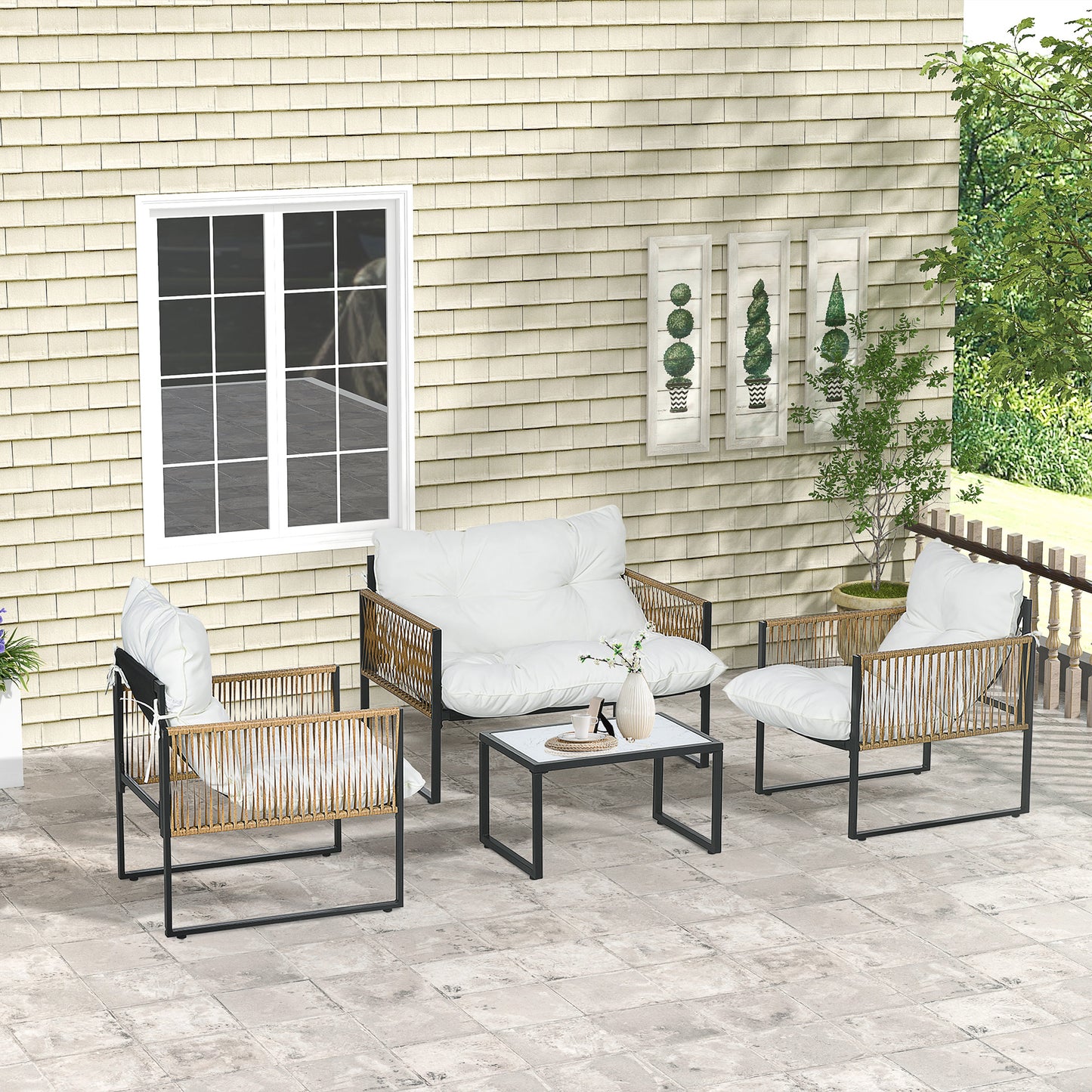 Outsunny Conjunto De Jardín Exterior De Ratán Sintético De 4 Piezas Crema_1